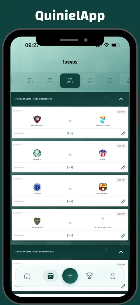 Pantalla de inicio de sesión y perfiles en QuinielApp